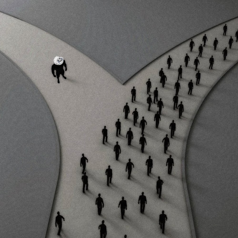 Forever Alone taking the empty path while a crowd walks the other way